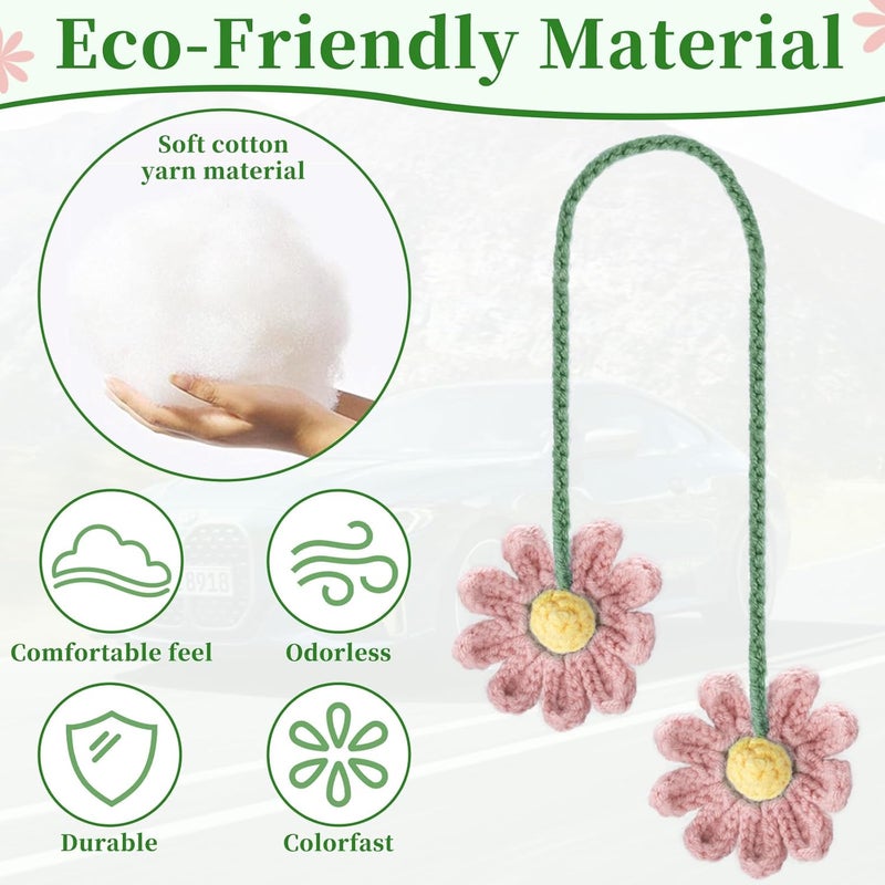 ecocstm 2 PCS Crochet Daisy Car Accessories for Women, Car Rearview Mirror Hanging Accessories, Handmade Cute Cars Accessory for Women Aesthetic, Girly Pink Crochet Flowers Cars Decor (Pink) - Image 5